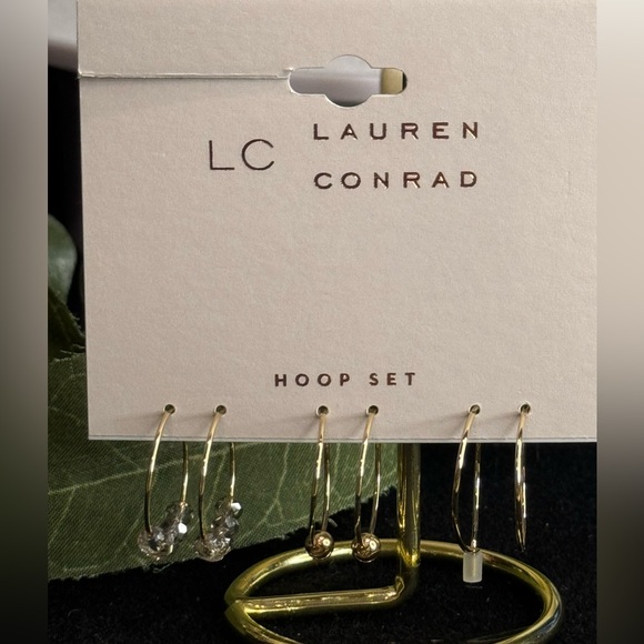 LC Lauren Conrad 3 pairs Gold Tone Mini Hoops Gold Bead and Crystal - Picture 1 of 7